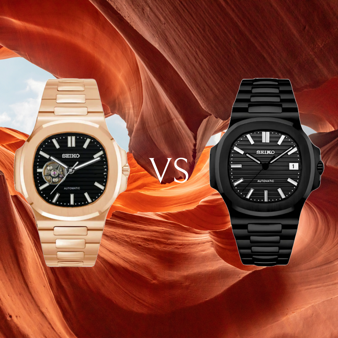 2 watches, black watch, gold watch, seiko mod, open heart watch, skeleton movement, black dials 