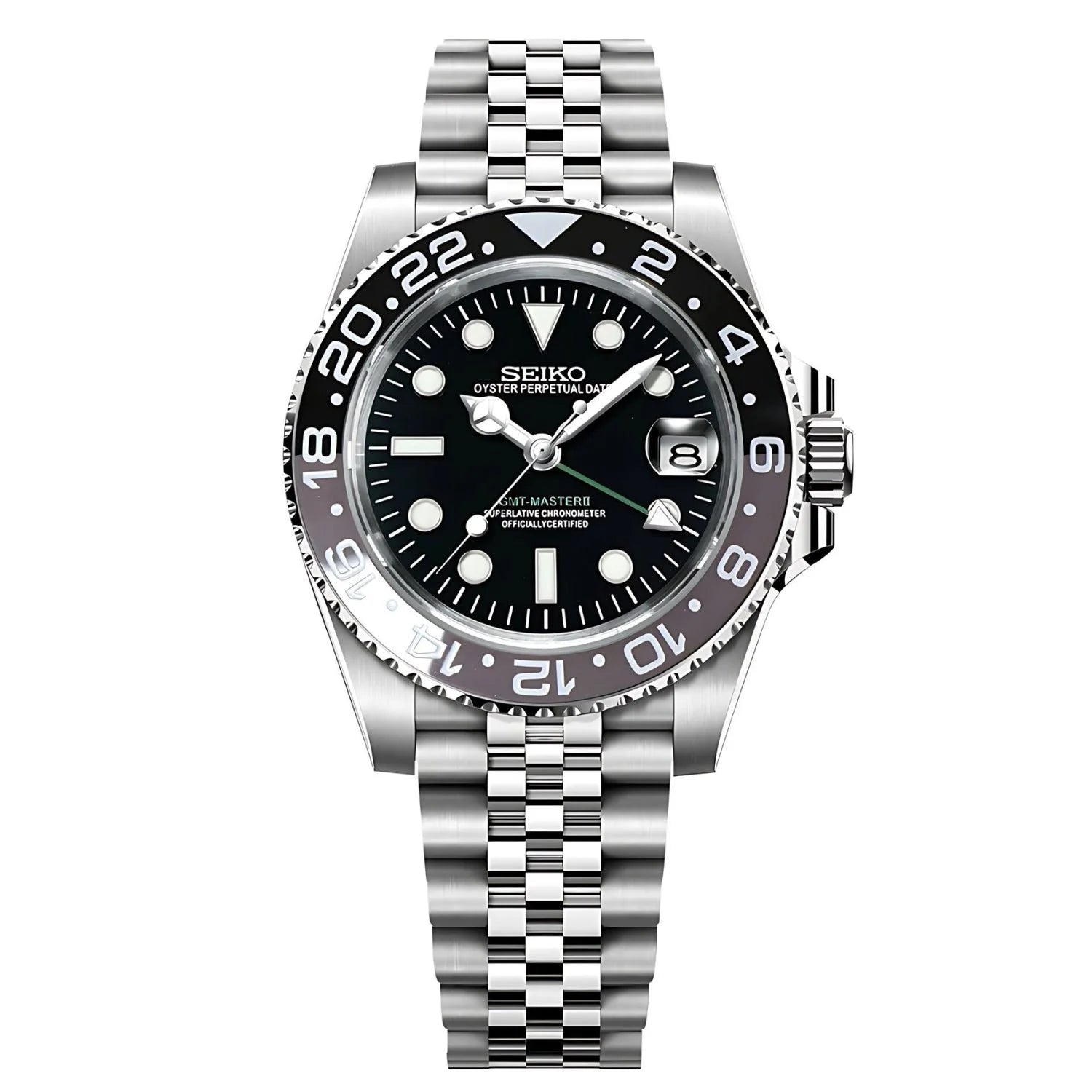 Sevato Seiko GMT мод часовник с черен циферблат и сребърна каса, 
Bruce Wayne Mod.

