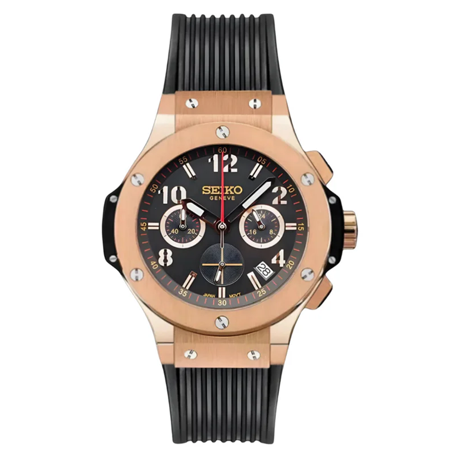 черен циферблат, розово злато каса, черна гумена каишка, гумена каишка, кварцов механизъм vk63, неръждаема стомана, хронограф,
black dial, rose gold case, black rubber strap, rubber strap, quartz movement vk63, stainless steel, chronograph, sevato