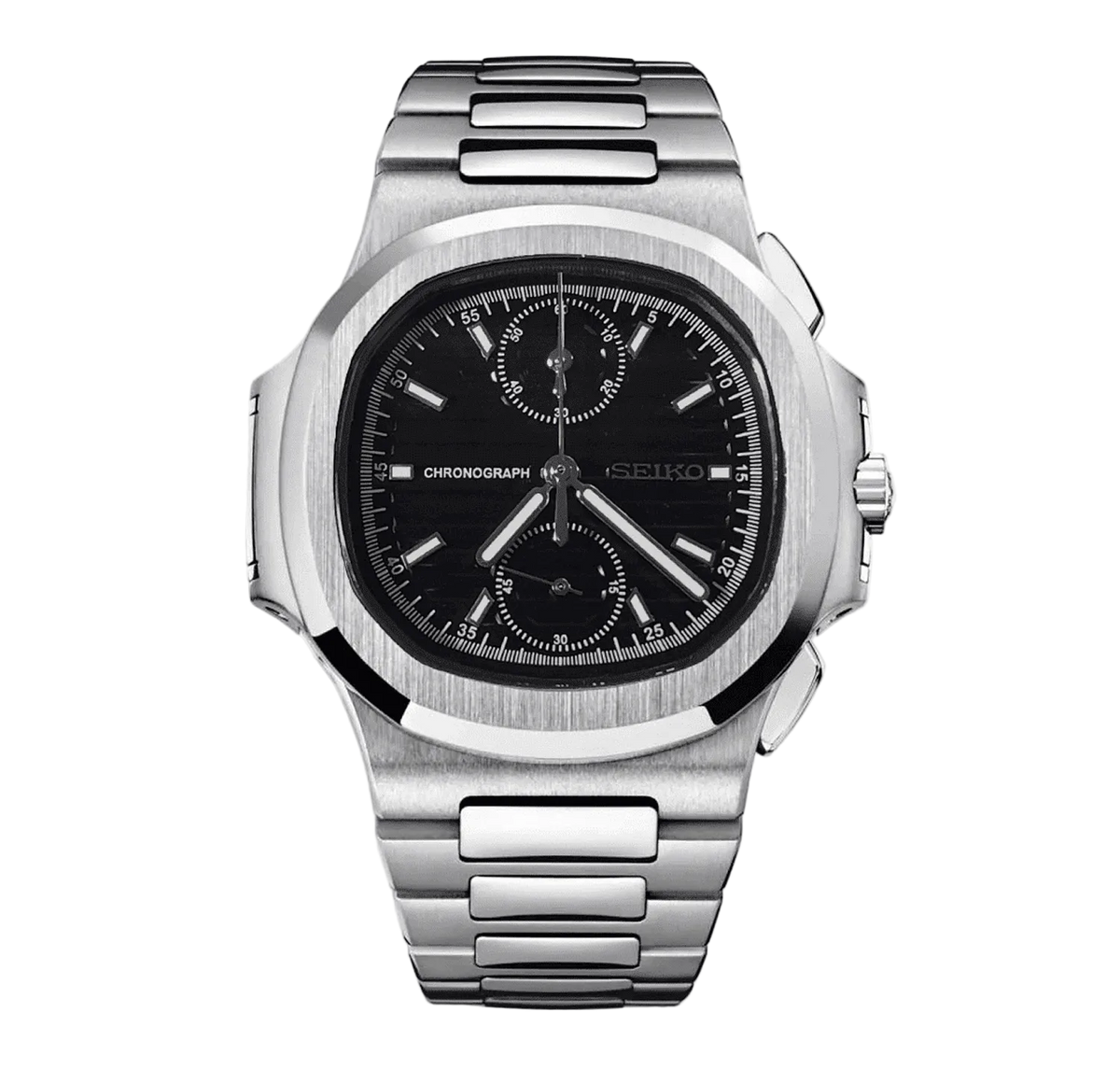 Seiko Mod Nautilus Chrono Black с черен хронографски циферблат, сребриста стоманена каса и интегрирана верижка