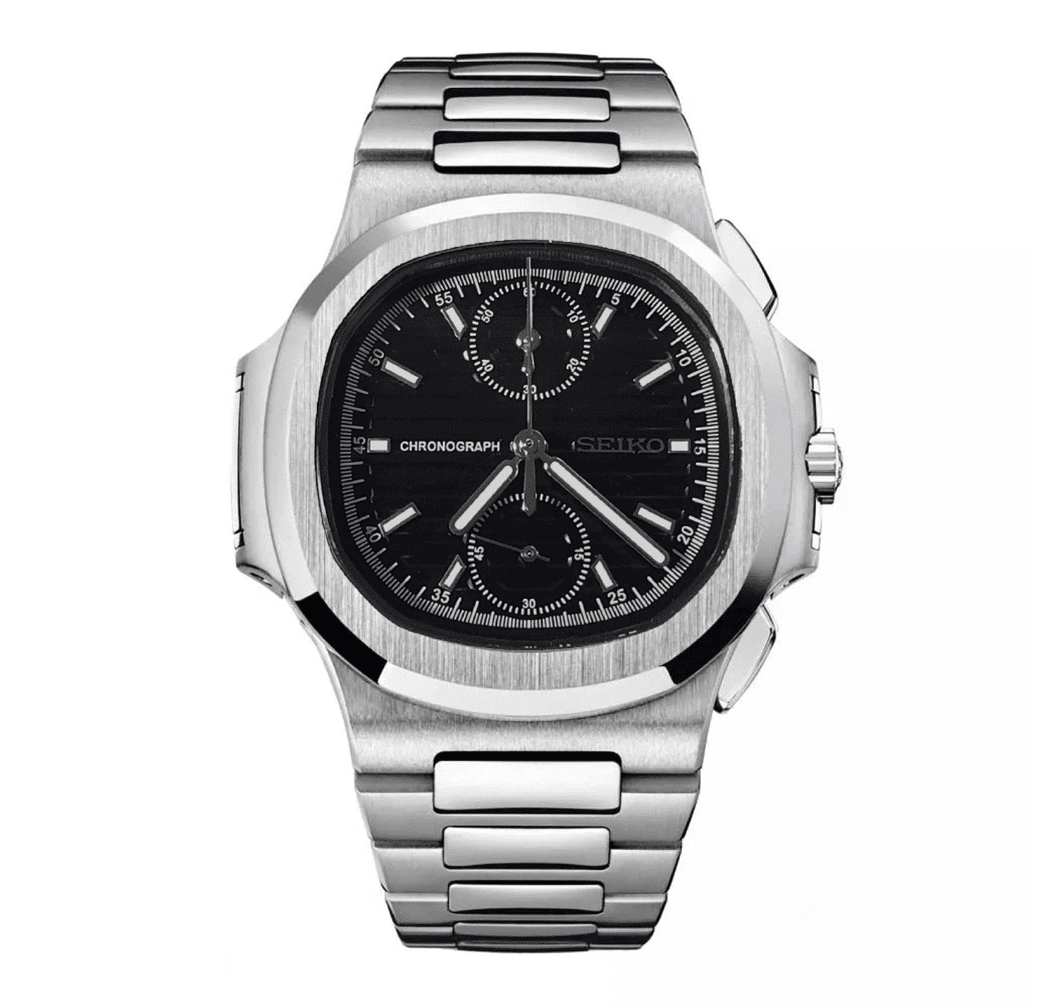 черен циферблат, хронограф, сребърна каса, кварцов механизъм vk64, неръждаема стомана,
black dial, chronograph, silver case, quartz movement vk64, stainless steel, sevato