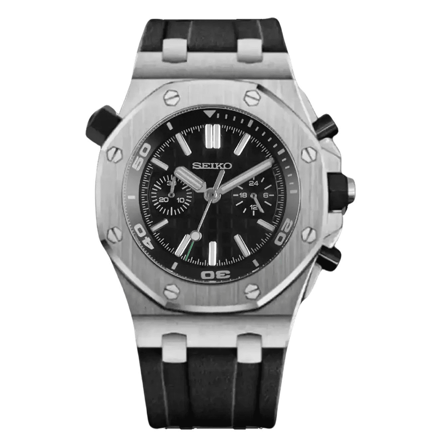 черен циферблат, черна гумена каишка, неръждаема стомана, кварцов механизъм vk63, гумена каишка,
black dial, black rubber strap, rubber strap, stainless steel, quartz movement vk63, 