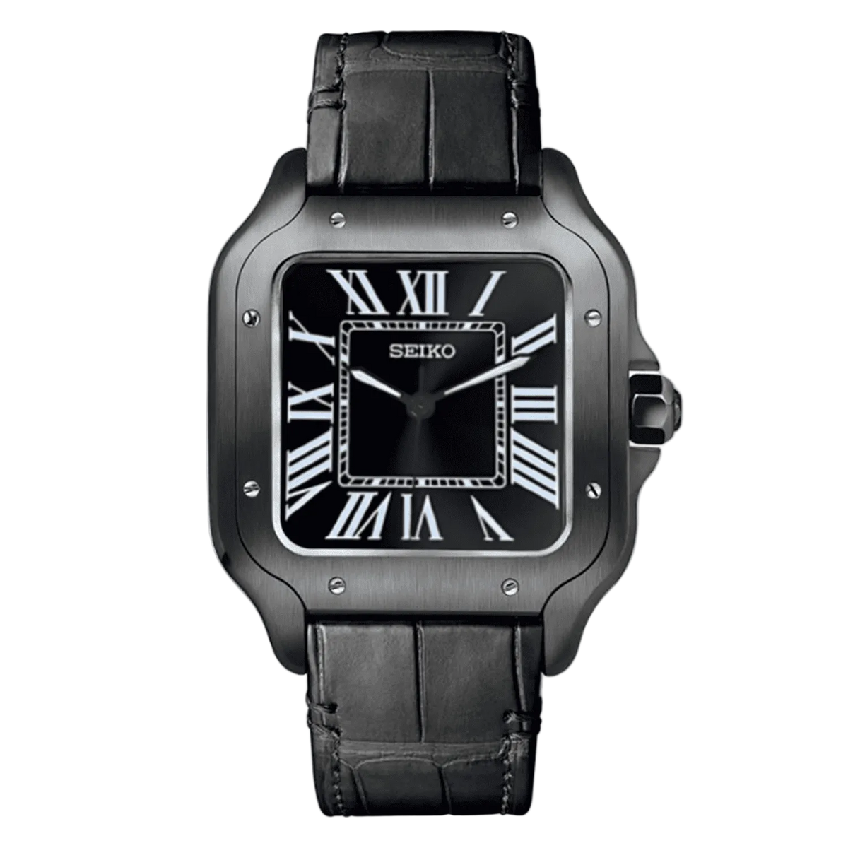 Seiko Mod Santos Classic Black Black Leather с черен циферблат, римски индекси, черна стоманена каса и черна кожена каишка