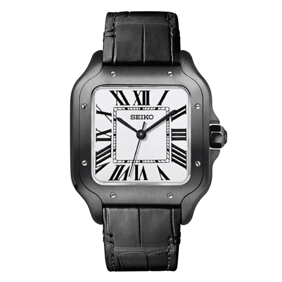 Seiko Mod Santos Classic Black Leather с бял циферблат, римски индекси, тъмна стоманена каса и черна кожена каишка