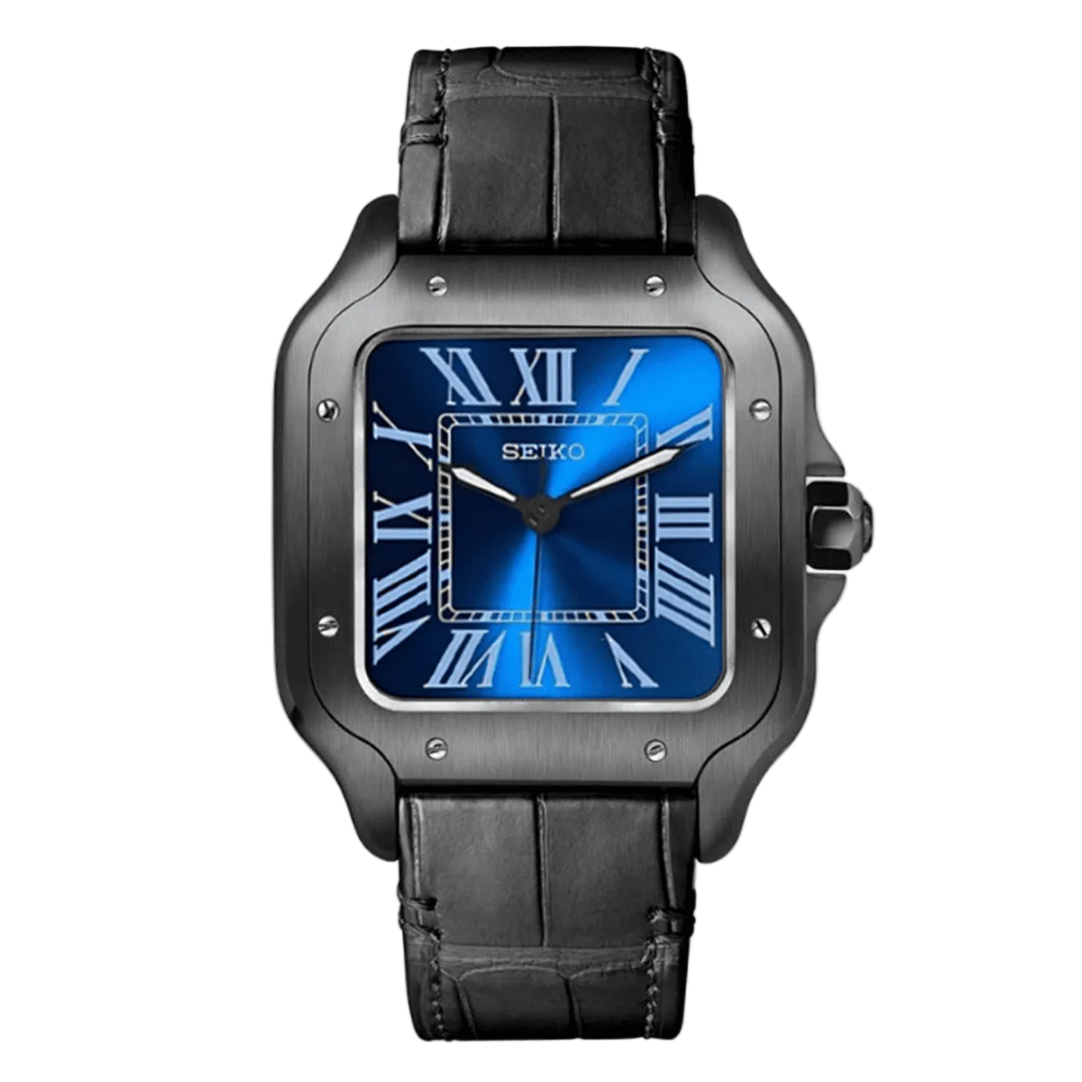 Seiko Mod Santos Classic Blue Black Leather със син градиентен циферблат, римски индекси, черна стоманена каса и черна кожена каишка