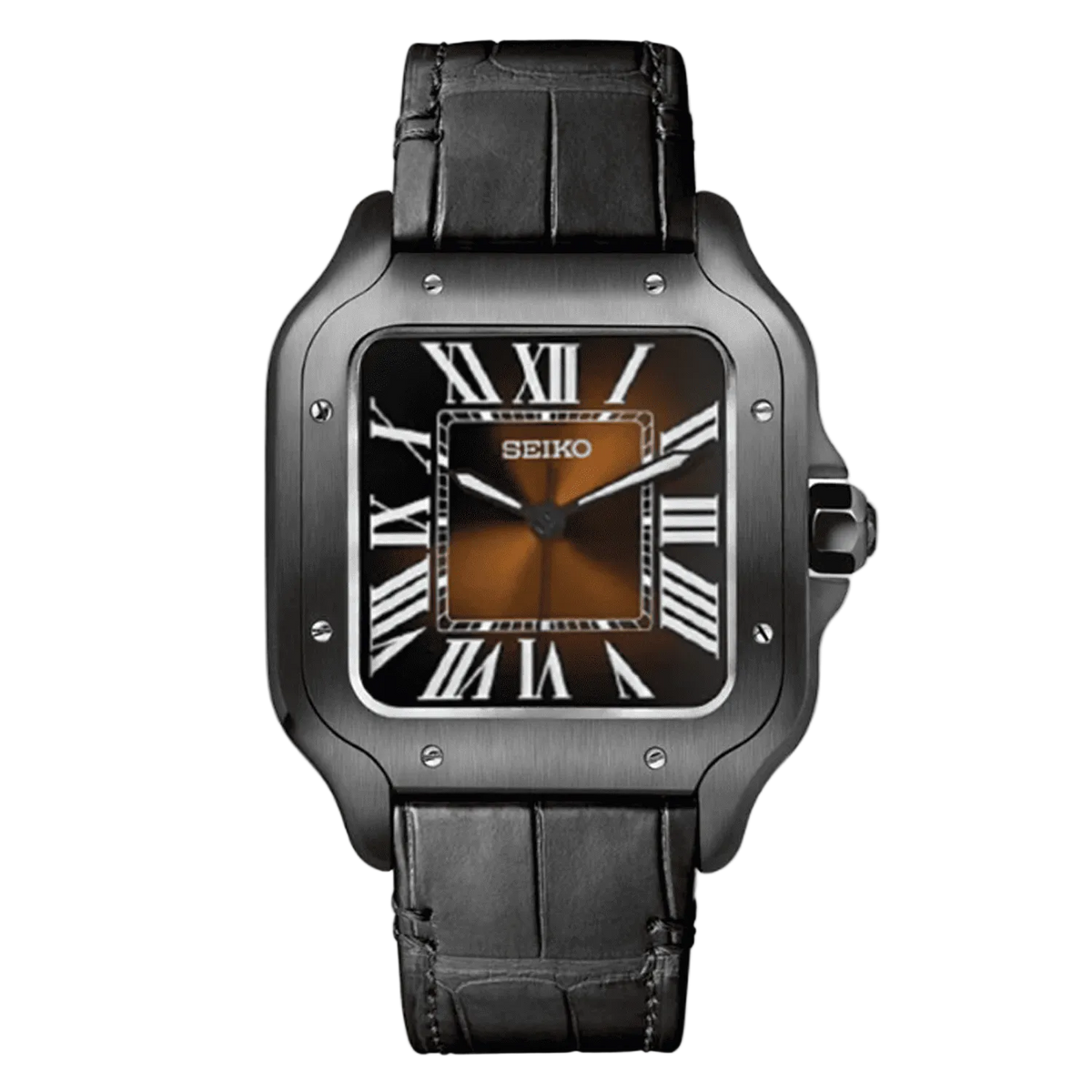 Seiko Mod Santos Classic Brown Black Leather с кафяв градиентен циферблат, римски индекси, черна стоманена каса и черна кожена каишка