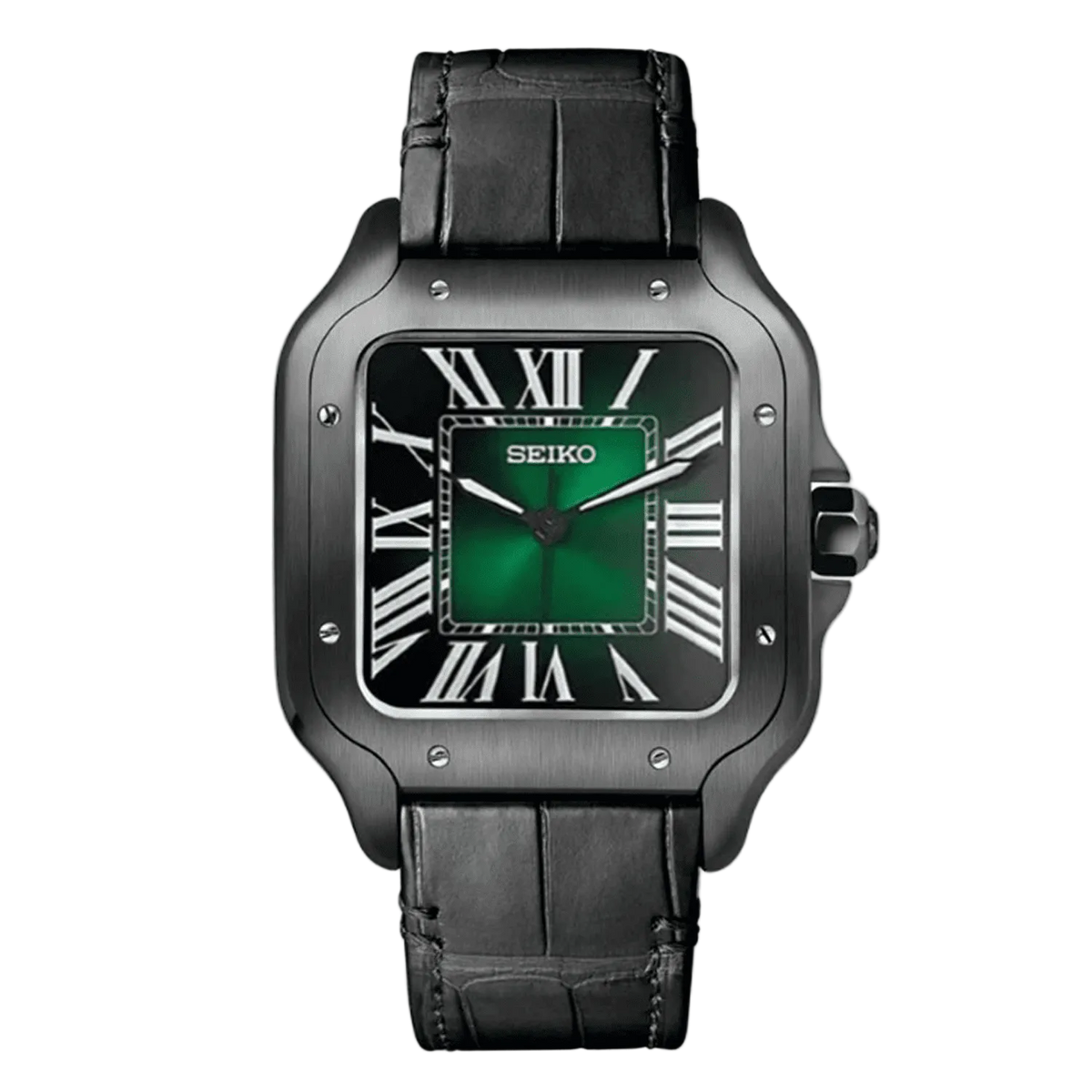 Seiko Mod Santos Classic Green Black Leather със зелен градиентен циферблат, римски индекси, черна стоманена каса и черна кожена каишка