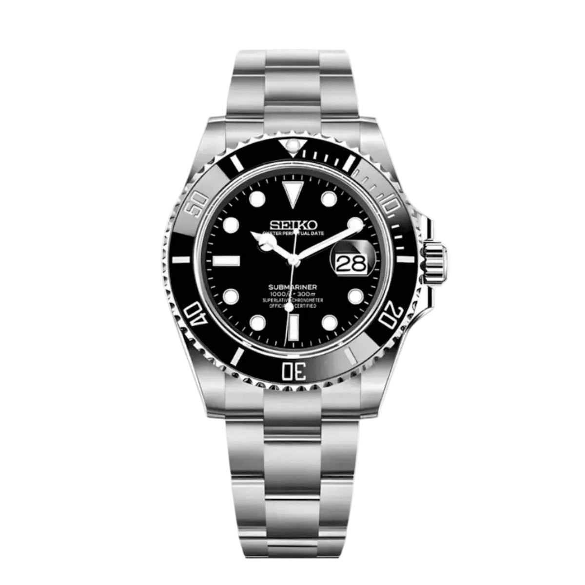 Seiko Mod Submariner Black с черен циферблат, черен безел, дата, сребриста каса и Oyster верижка