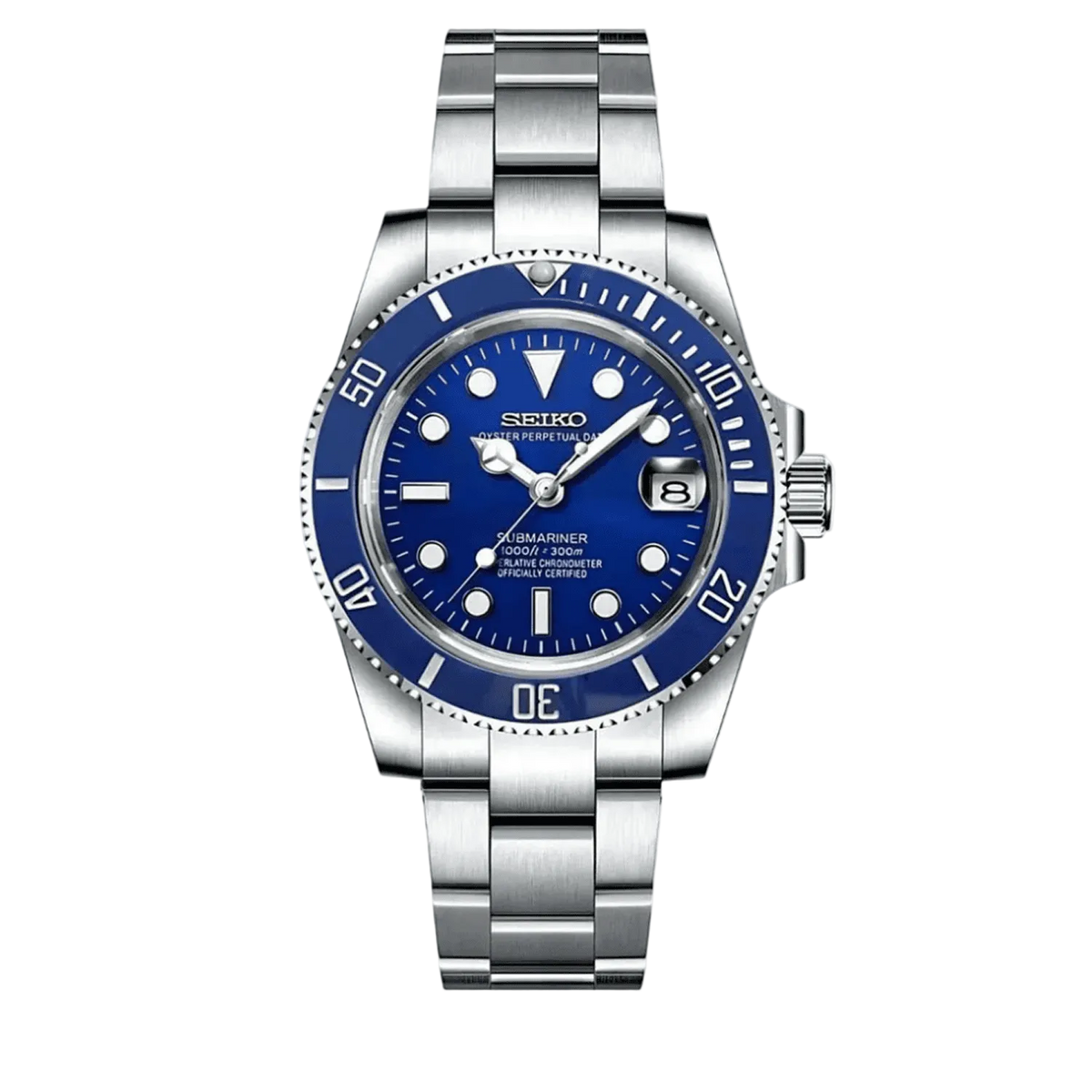 Seiko Mod Submariner Blue със син циферблат, син безел, дата, сребриста каса и Oyster верижка