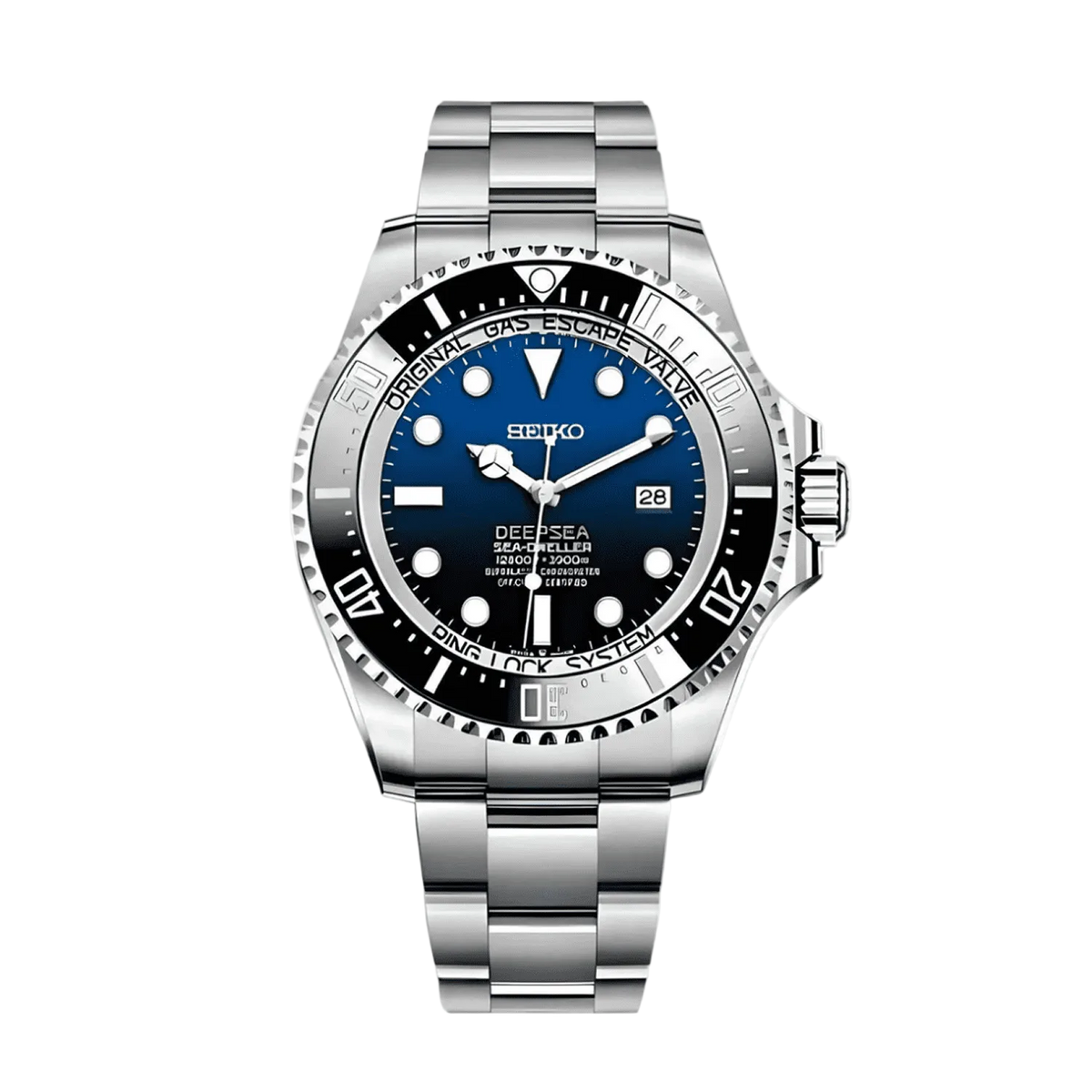 Seiko Mod Submariner Deepsea със синьо-черен градиентен циферблат, дата, черно-сребрист безел, сребриста каса и Oyster верижка