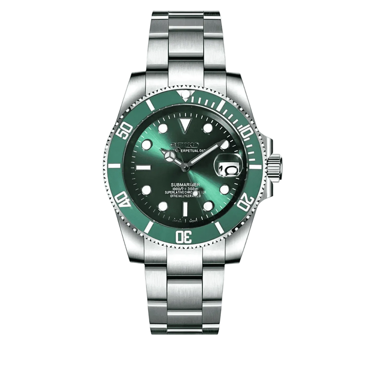 Seiko Mod Submariner Hulk със зелен циферблат, зелен безел, дата, сребриста каса и Oyster верижка