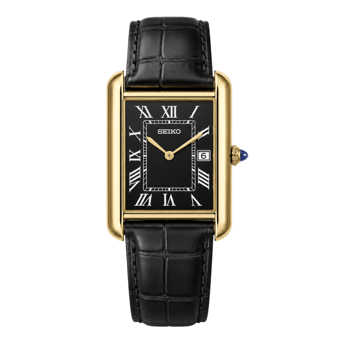 Cartier Tank Black Gold с черен циферблат, римски индекси, дата, златиста правоъгълна каса и черна кожена каишка