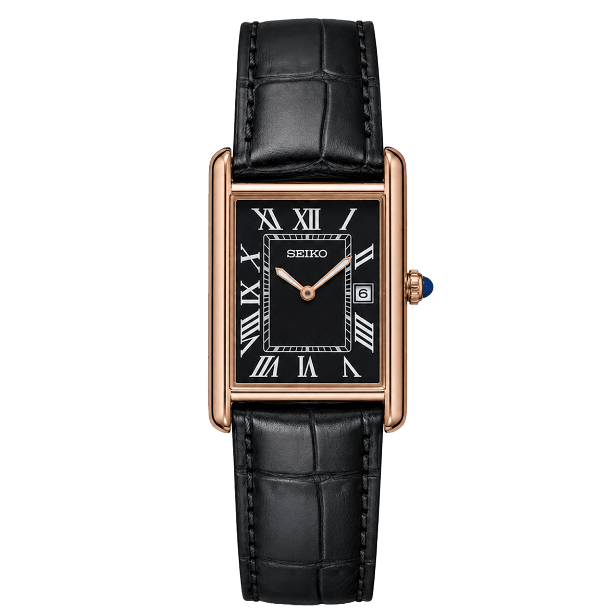 Cartier Tank Black Rose Gold с черен циферблат, римски индекси, дата, каса в розово злато и черна кожена каишка