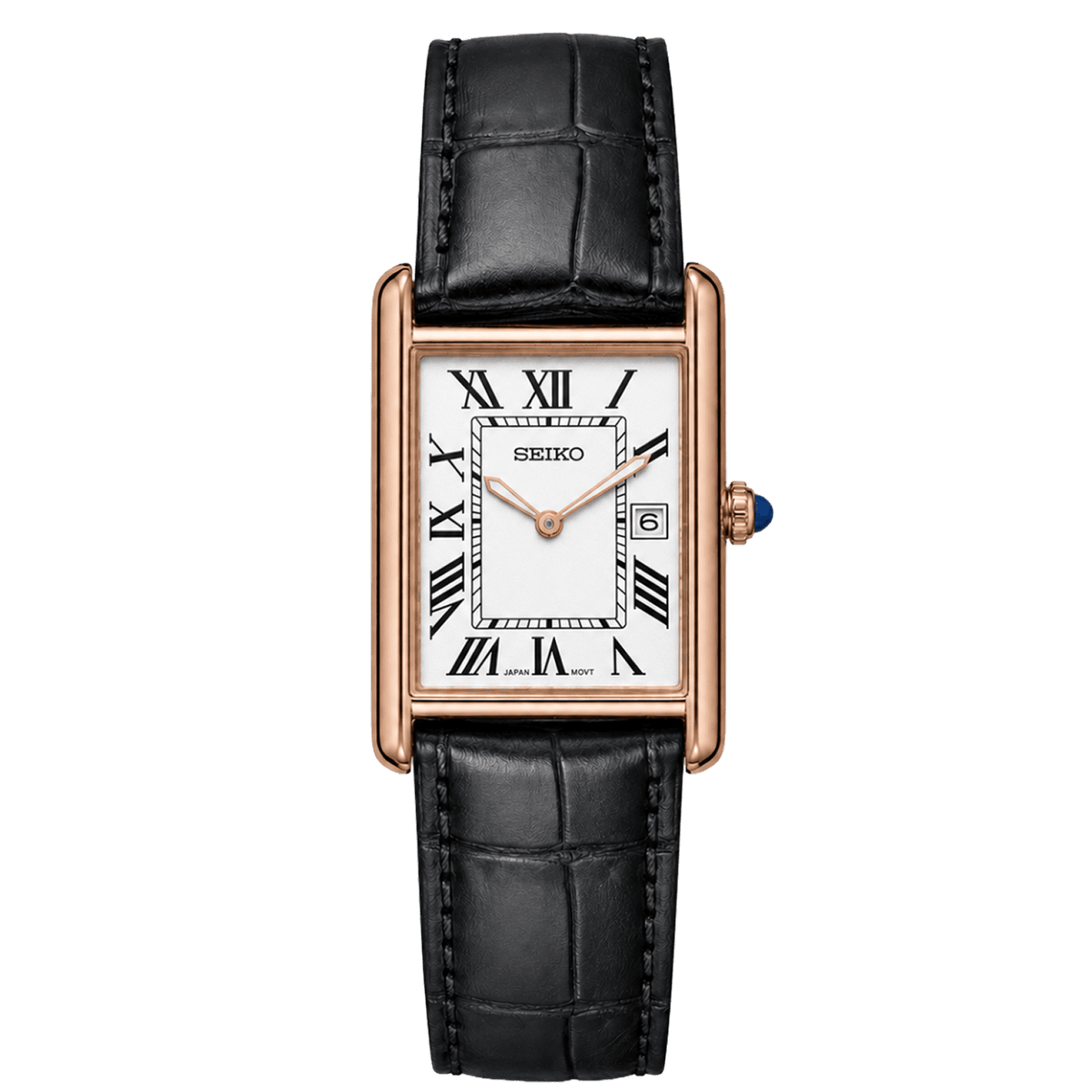Cartier Tank Black Rose Gold White с бял циферблат, римски индекси, дата, каса в розово злато и черна кожена каишка