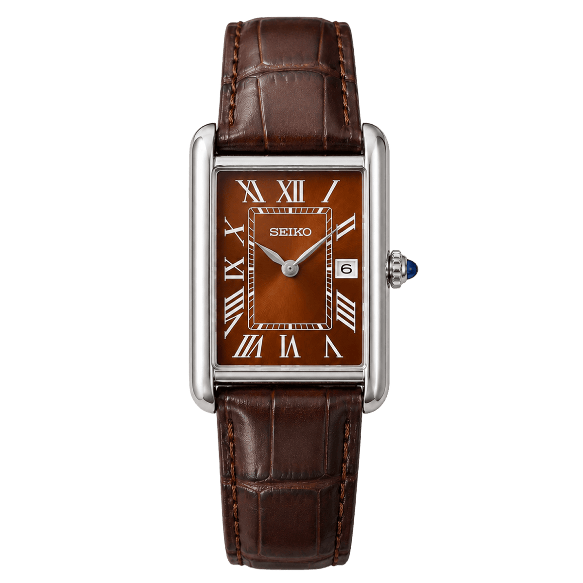 Cartier Tank Brown с кафяв циферблат, римски индекси, дата, сребриста правоъгълна каса и кафява кожена каишка