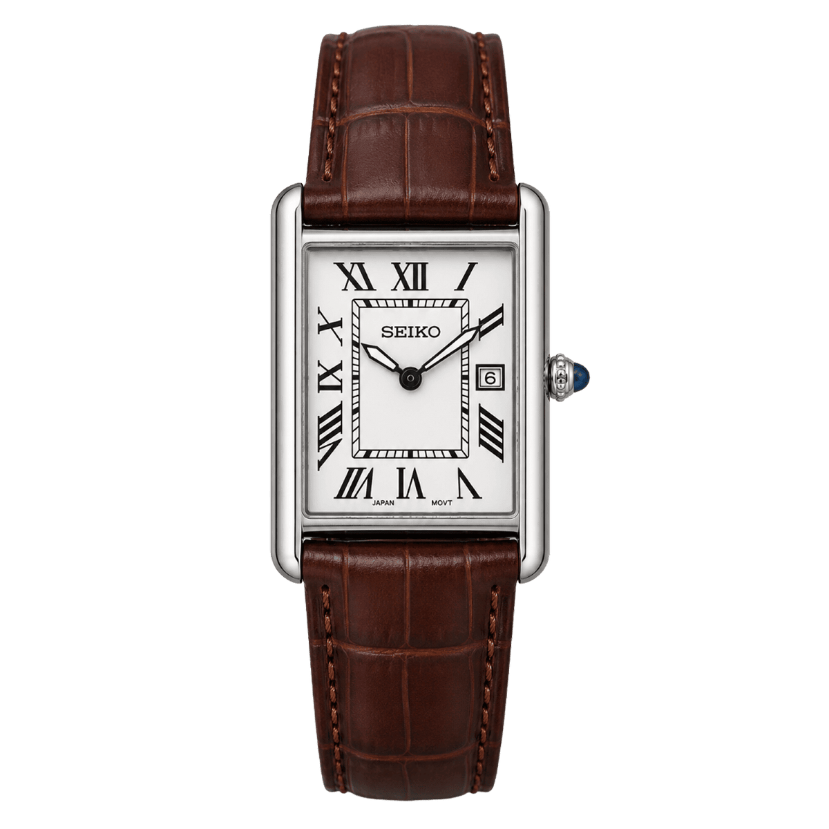 Cartier Tank Brown White с бял циферблат, римски индекси, дата, сребриста правоъгълна каса и кафява кожена каишка