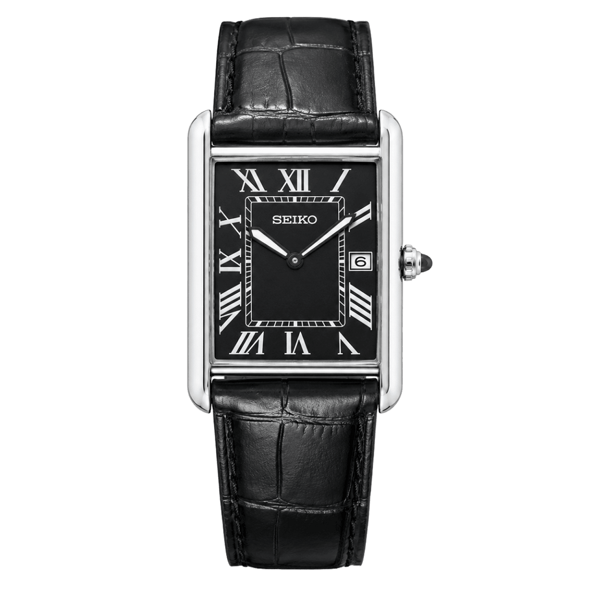 Cartier Tank Full Black с черен циферблат, римски индекси, дата, сребриста правоъгълна каса и черна кожена каишка