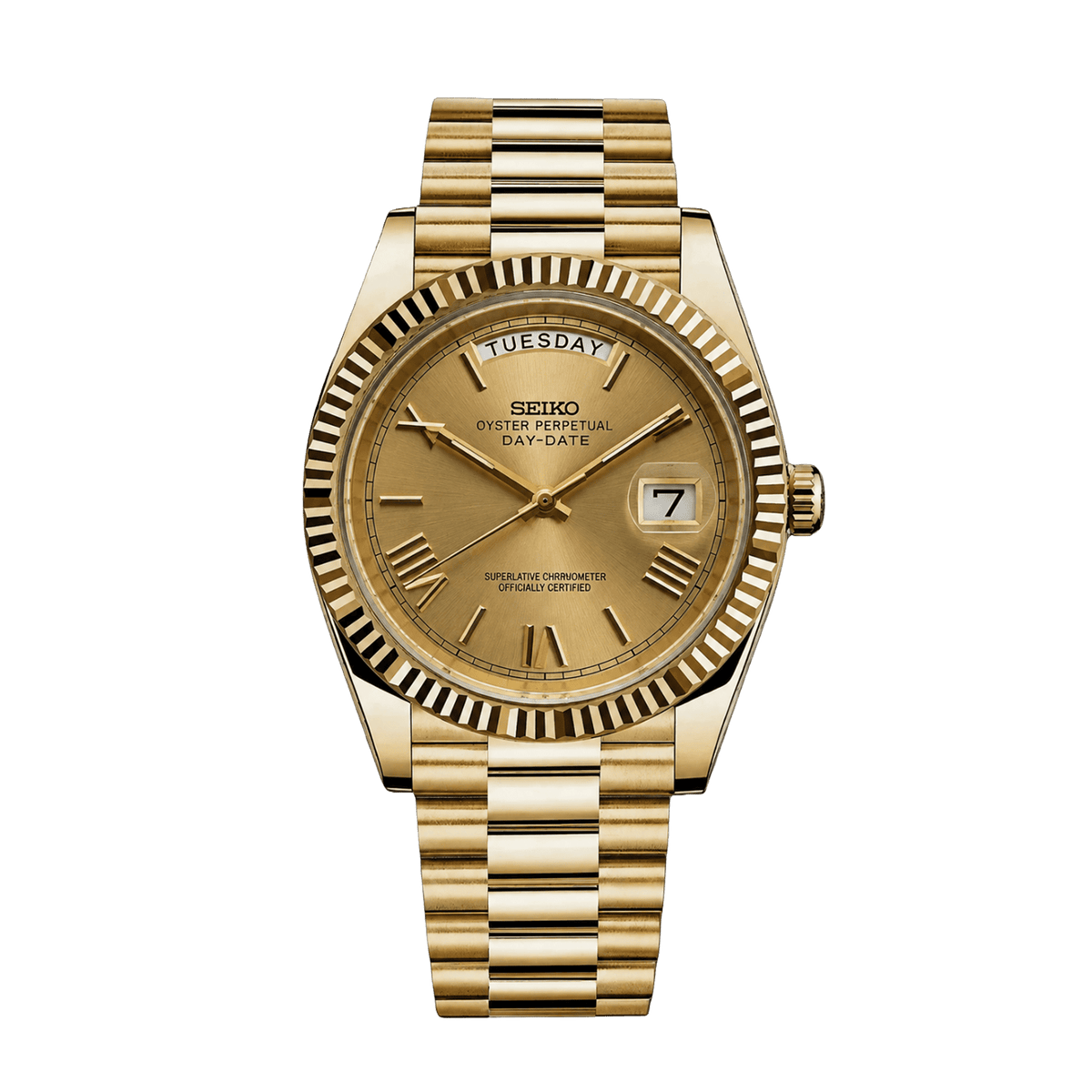 Seiko Day-Date Full Gold със златист циферблат, ден и дата, назъбен безел, златиста каса и President верижка