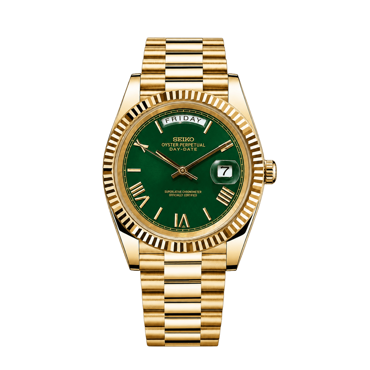Seiko Day-Date Gold Green със зелен циферблат, ден и дата, назъбен безел, златиста каса и President верижка