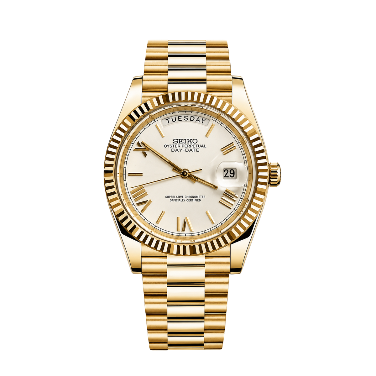 Seiko Day-Date Gold White със светъл бял/шампански циферблат, ден и дата, назъбен безел, златиста каса и President верижка