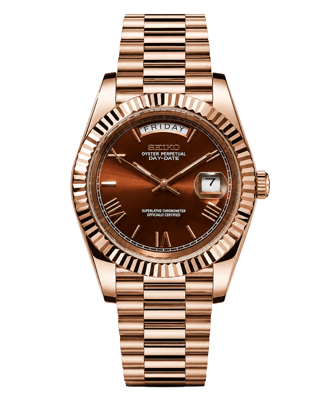 Seiko Day-Date Rose Gold Coffee с кафяв coffee циферблат, ден и дата, назъбен безел, каса и President верижка в розово злато