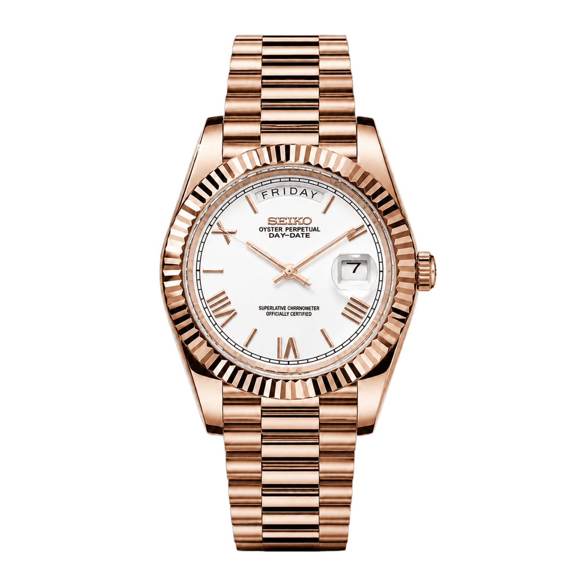 Seiko Day-Date Rose Gold White с бял циферблат, ден и дата, назъбен безел, каса и President верижка в розово злато