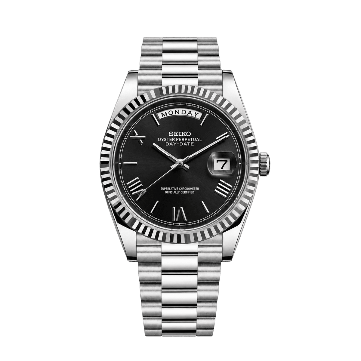 Seiko Day-Date Silver Black с черен циферблат, ден и дата, назъбен безел, сребриста каса и President верижка