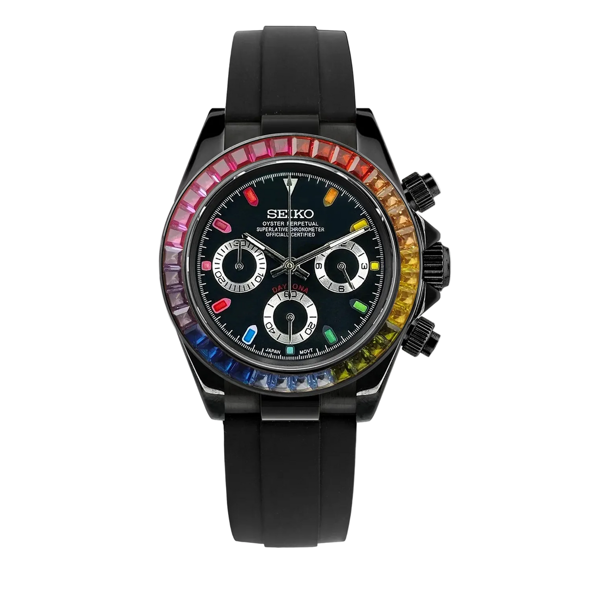Seiko Daytona Mod Rainbow Black с черен хронографски циферблат, цветен rainbow безел с камъни, черна каса и черна гумена каишка