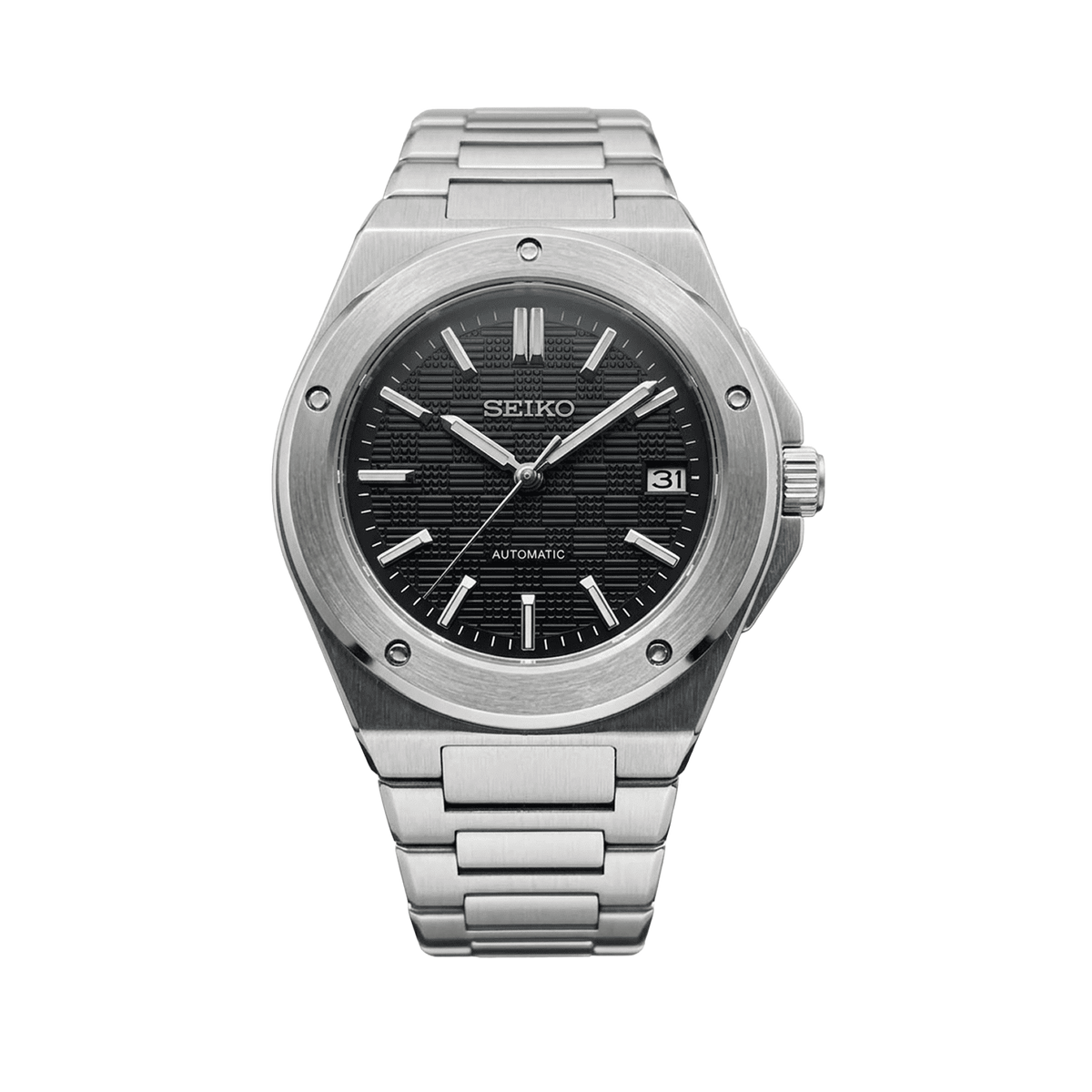 IWC Black Mod с черен текстуриран циферблат, дата, сребриста стоманена каса и интегрирана верижка