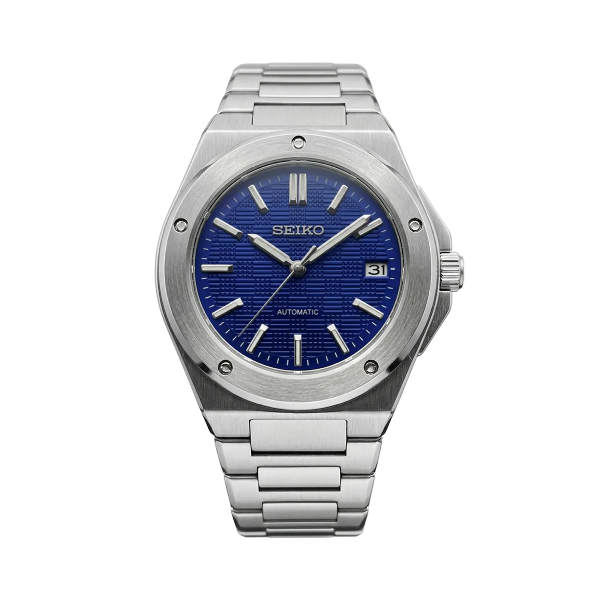 IWC Blue Mod със син текстуриран циферблат, дата, сребриста стоманена каса и интегрирана верижка