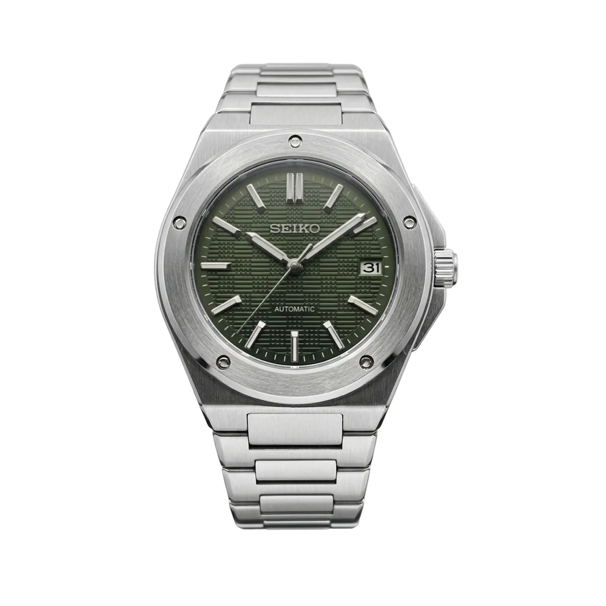 IWC Green Mod с тъмнозелен текстуриран циферблат, дата, сребриста стоманена каса и интегрирана верижка