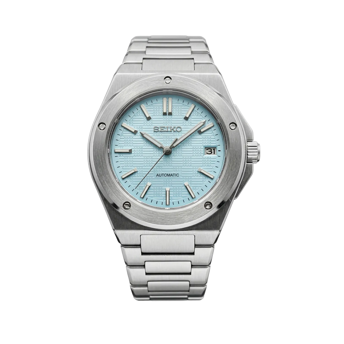 IWC Tiffany Blue Mod със светлосин текстуриран циферблат, дата, сребриста стоманена каса и интегрирана верижка