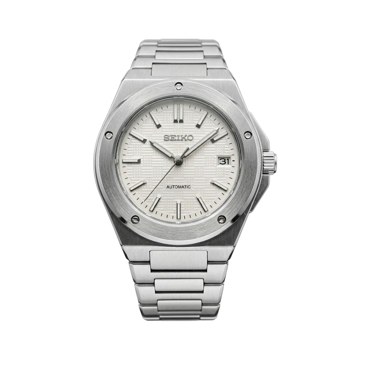 IWC White Mod с бял текстуриран циферблат, дата, сребриста стоманена каса и интегрирана верижка