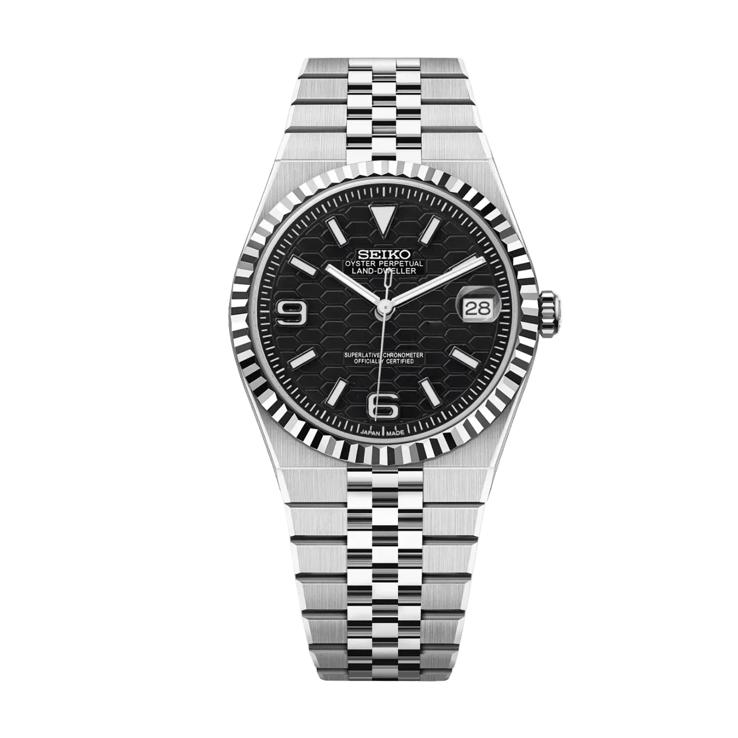 Seiko Land-Dweller Mod Black Dial 39mm с черен honeycomb циферблат, дата, назъбен безел и сребриста Jubilee верижка