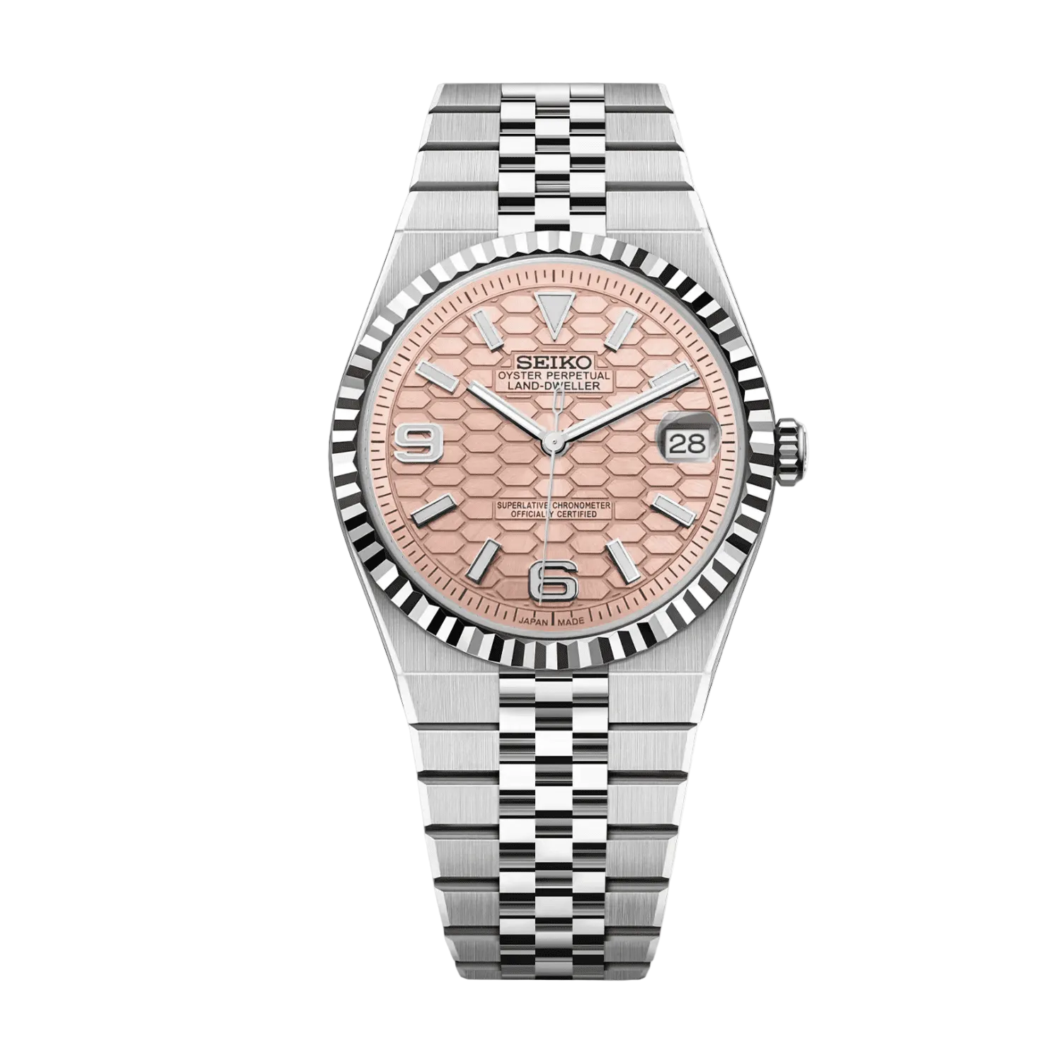 Seiko Land-Dweller Mod Pink Dial 36mm с розов honeycomb циферблат, дата, назъбен безел и сребриста Jubilee верижка