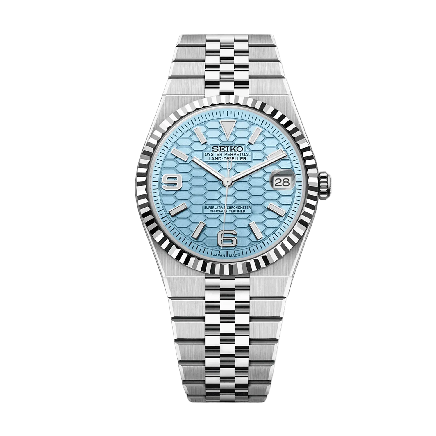 Land-Dweller Mod Tiffany Blue Dial 36mm със светлосин honeycomb циферблат, дата, назъбен безел и сребриста Jubilee верижка