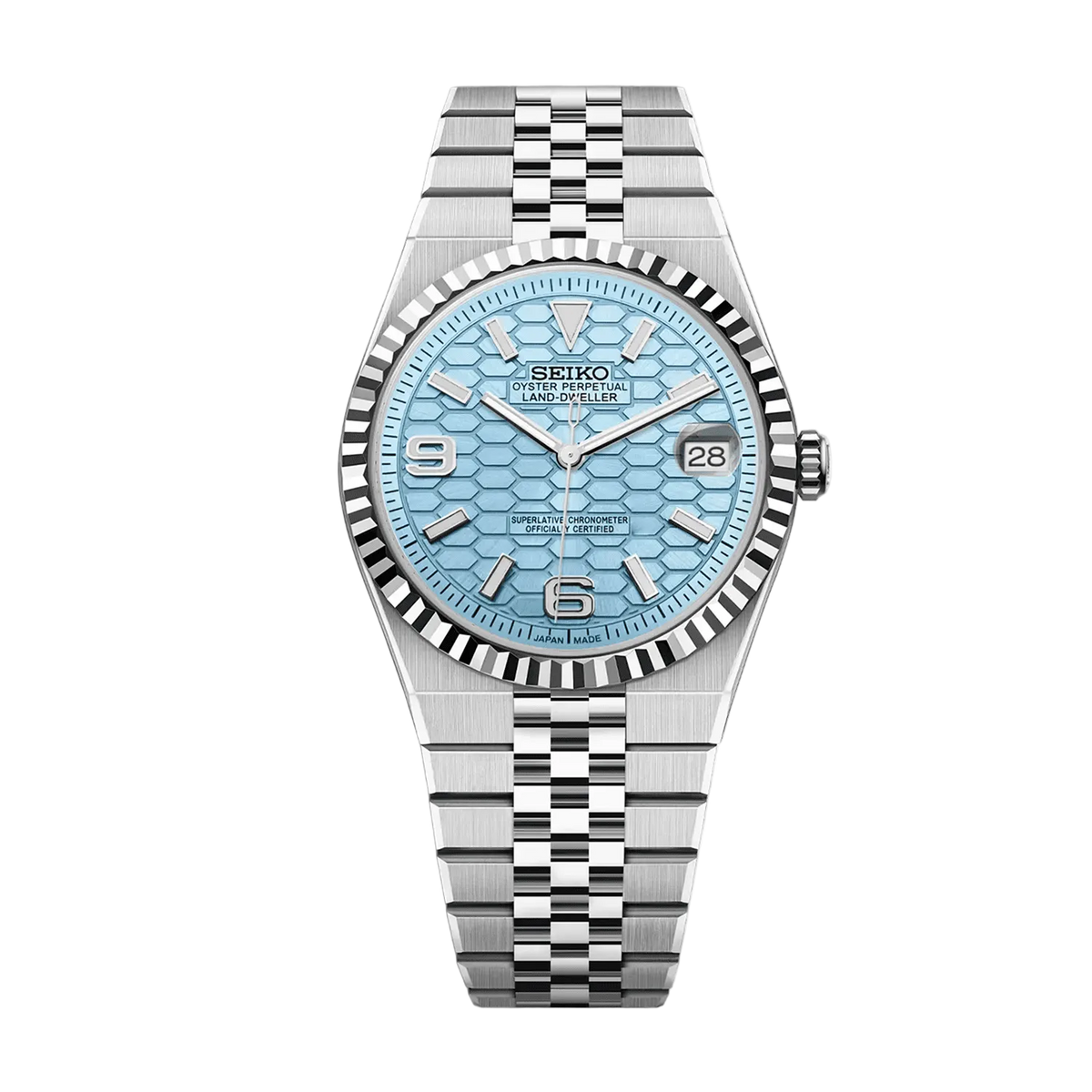 Land-Dweller Mod Tiffany Blue Dial 36mm със светлосин honeycomb циферблат, дата, назъбен безел и сребриста Jubilee верижка