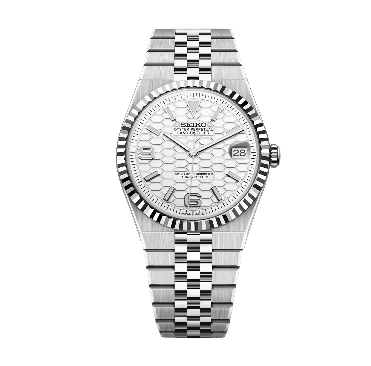Seiko Land-Dweller Mod White Dial 36mm с бял honeycomb циферблат, дата, назъбен безел и сребриста Jubilee верижка