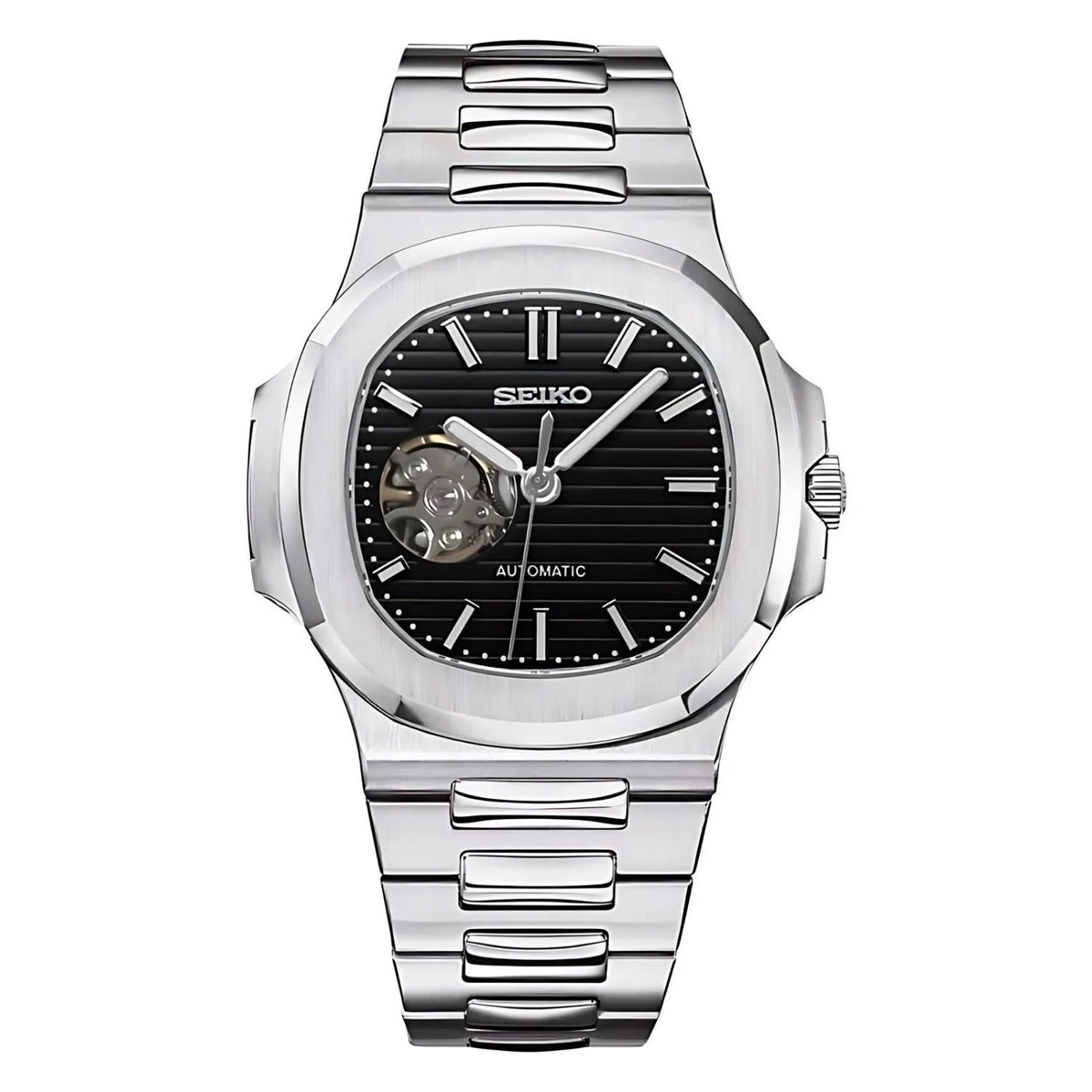 Sevato Seiko Оpen Heart мод часовник с черен отворен циферблат, сребриста каса и метална сребриста каишка