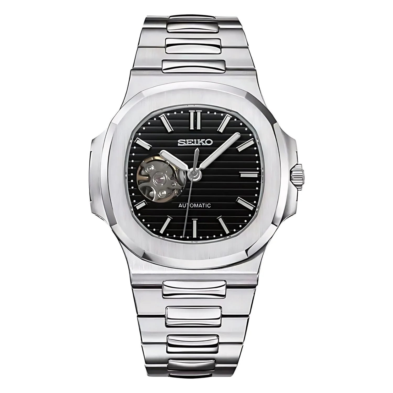 Sevato Seiko Оpen Heart мод часовник с черен отворен циферблат, сребриста каса и метална сребриста каишка