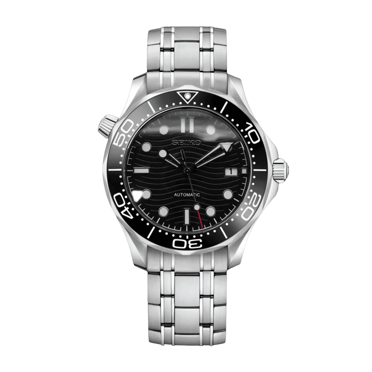 Seiko Omega Mod Black Dial с черен вълнообразен циферблат, дата, черен безел, сребриста каса и стоманена верижка