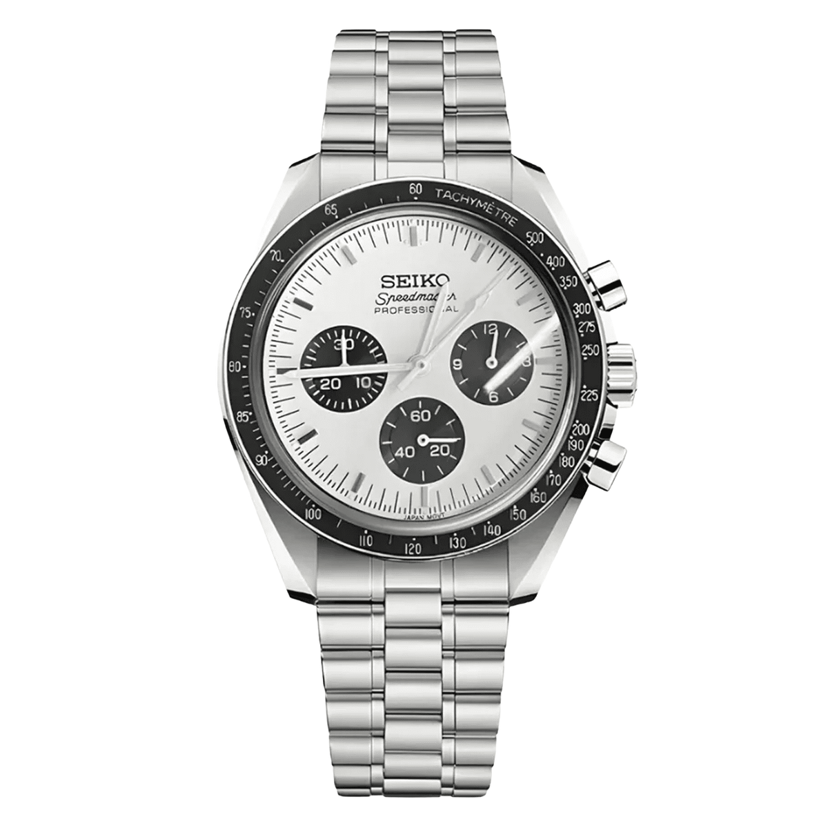 Seiko Speedmaster Mod White Dial с бял хронографски циферблат, черни броячи, черен тахиметричен безел, сребриста каса и сребриста стоманена верижка
