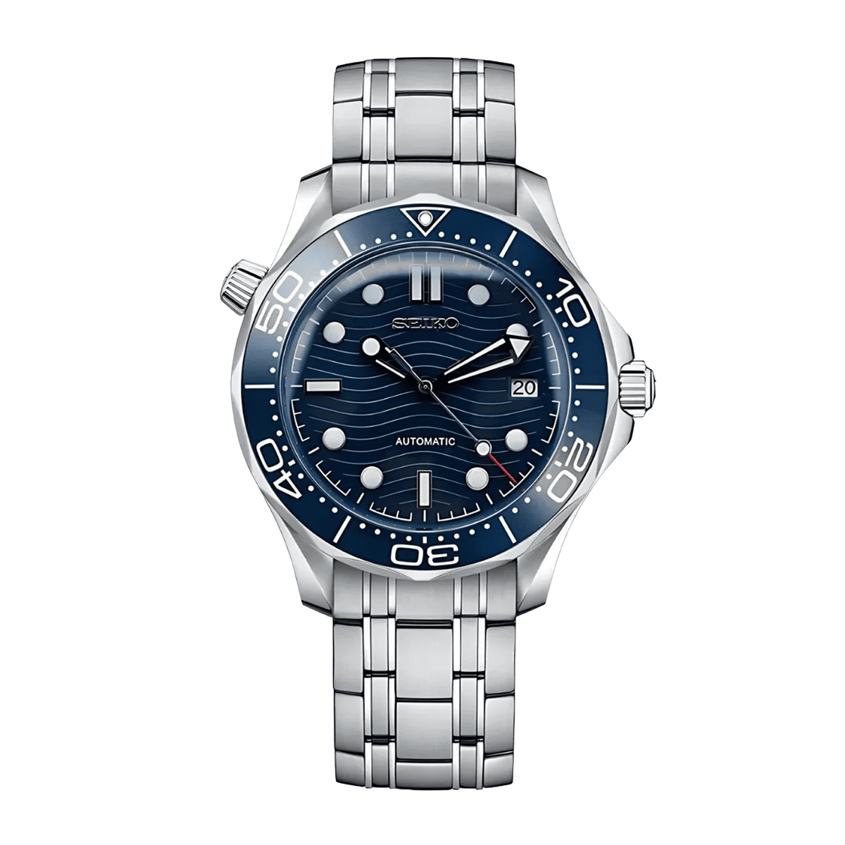Seiko Omega Mod Blue Dial със син вълнообразен циферблат, дата, син безел, сребриста каса и стоманена верижка