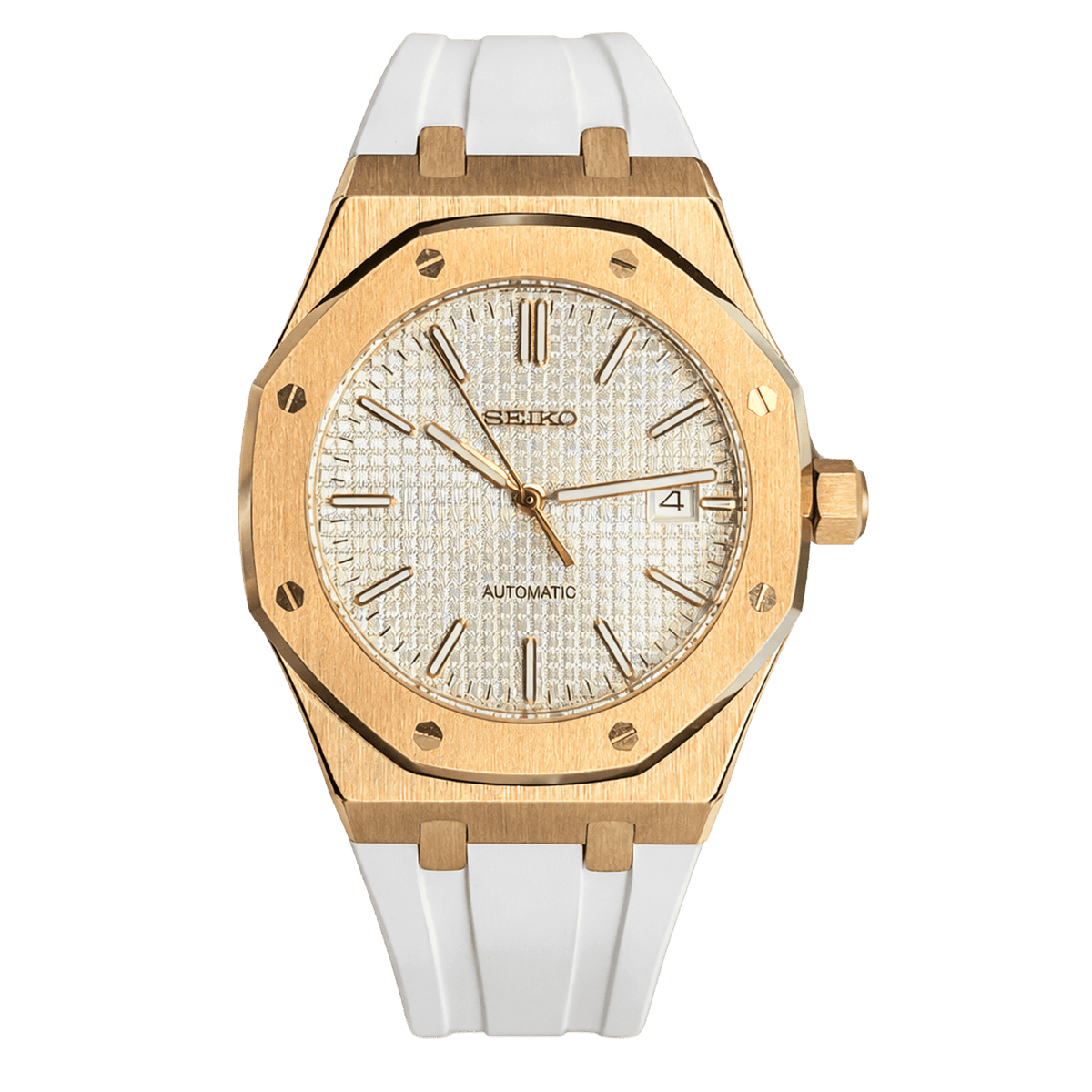 Seiko Royal Oak Mod Rose Gold White Rubber с бял текстуриран циферблат, дата, каса в розово злато и бяла гумена каишка