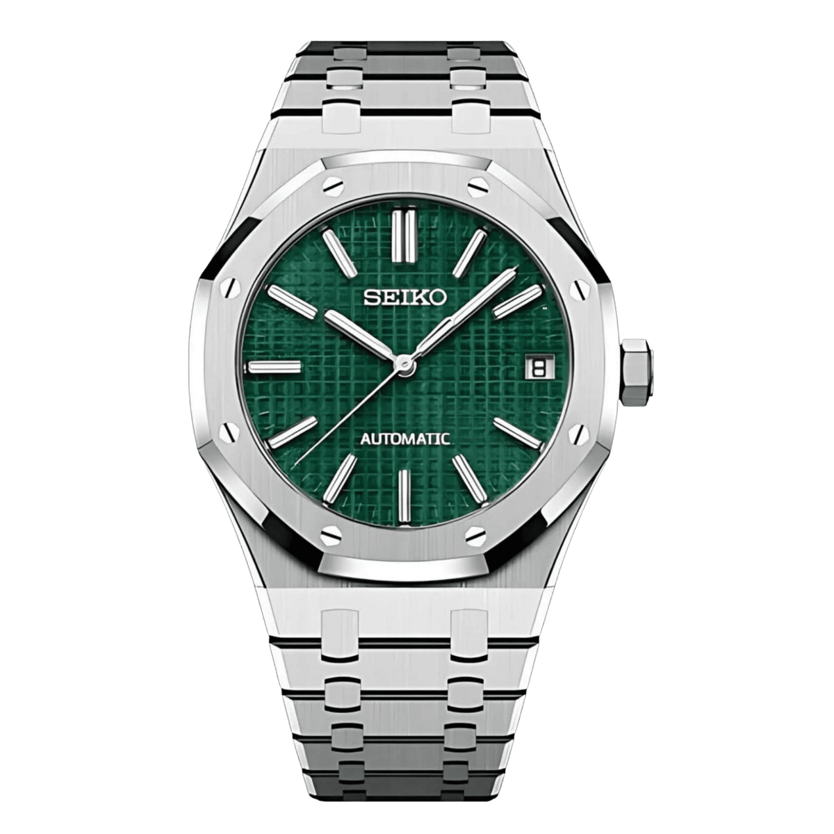 Sevato Seiko Royal мод, часовник с зелен циферблат, сребрсита каса и сребърна метална каишка