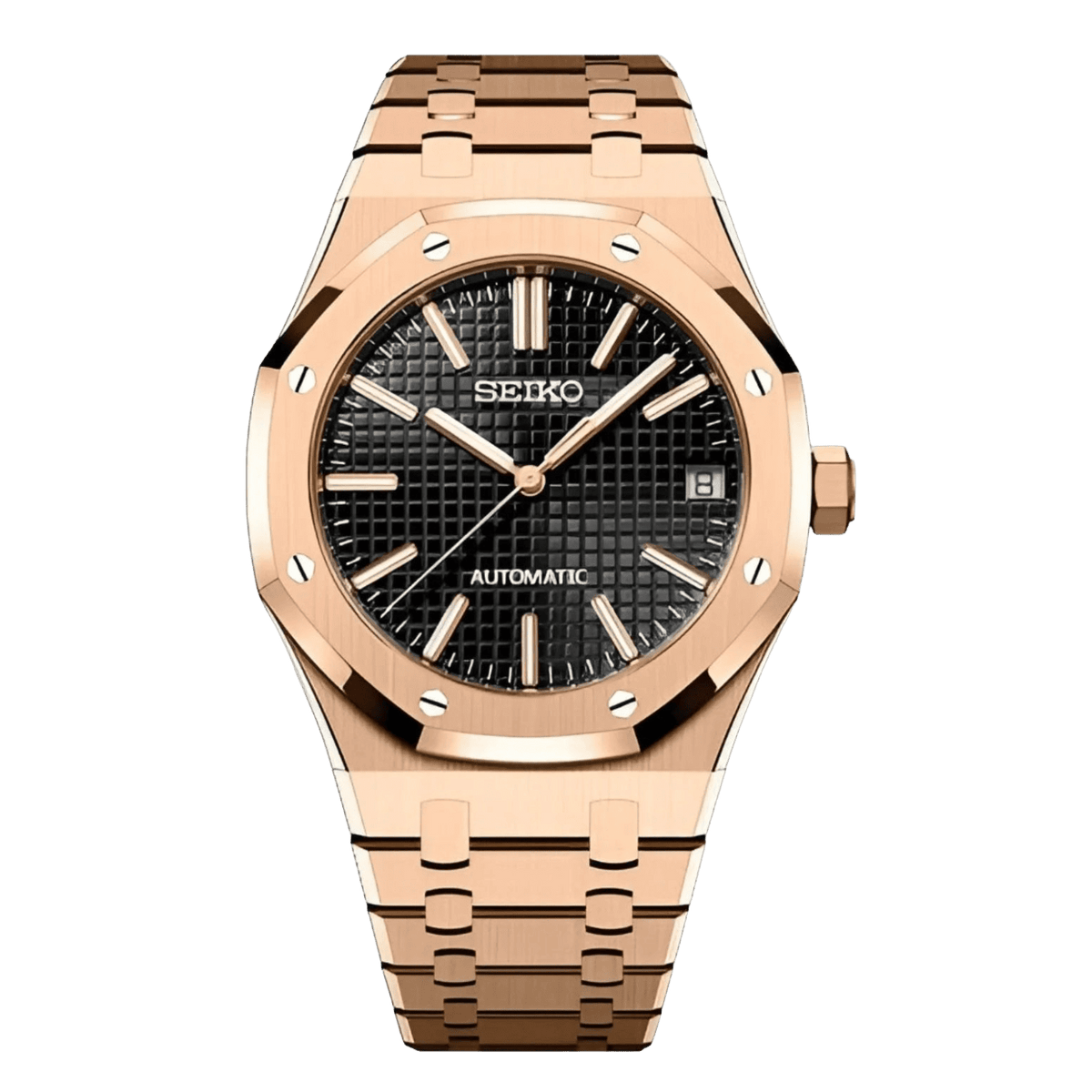  Sevato Seiko Royal мод, часовник с черен циферблат, розово златна каса и розово златна метална каишка