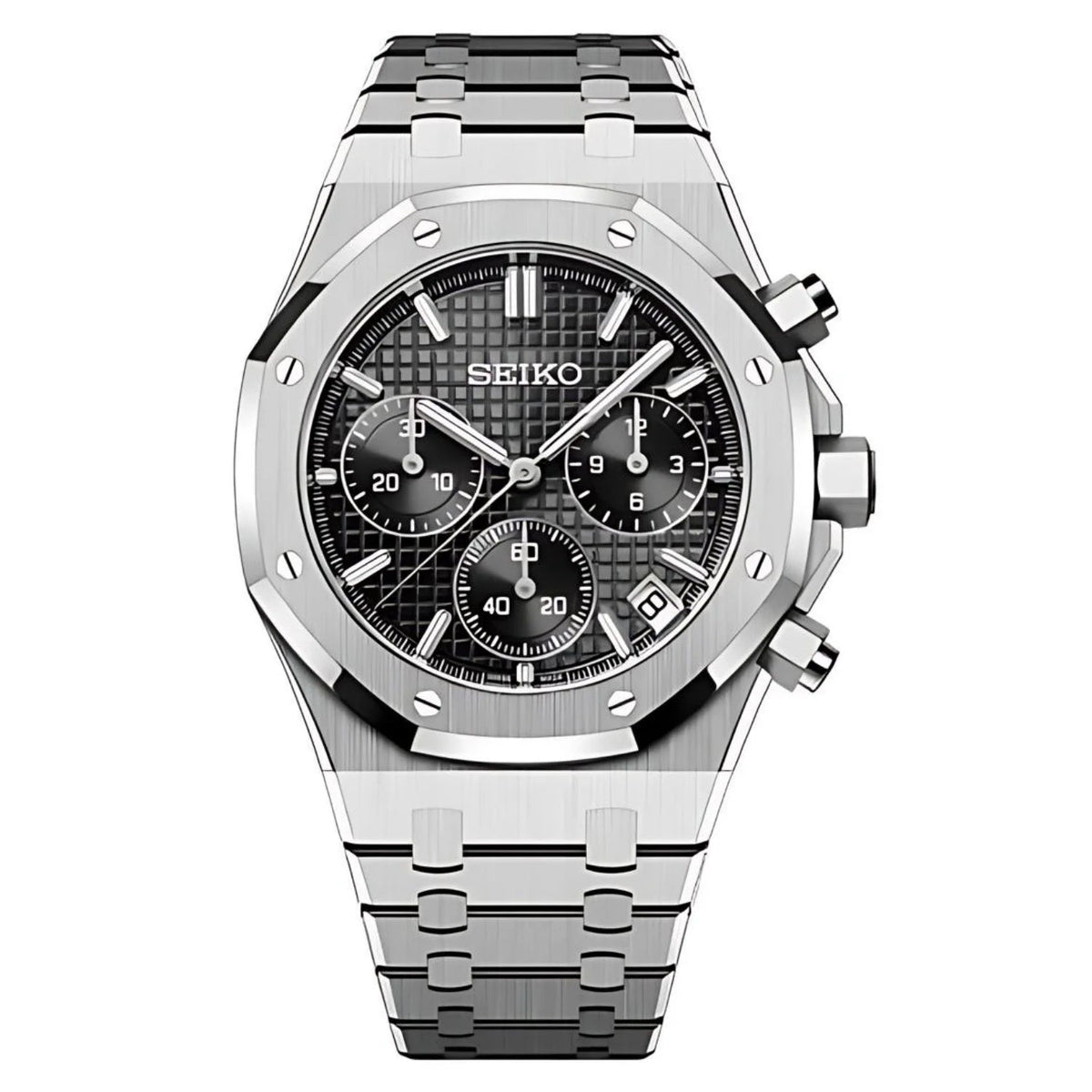 Sevato Seiko Royal мод, часовник с черен циферблат, сребрсита каса и сребърна метална каишка