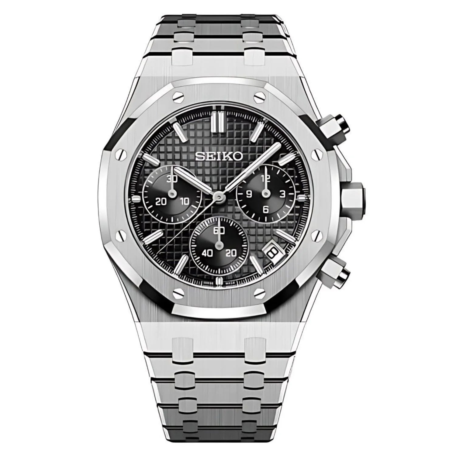 Sevato Seiko Royal мод, часовник с черен циферблат, сребрсита каса и сребърна метална каишка