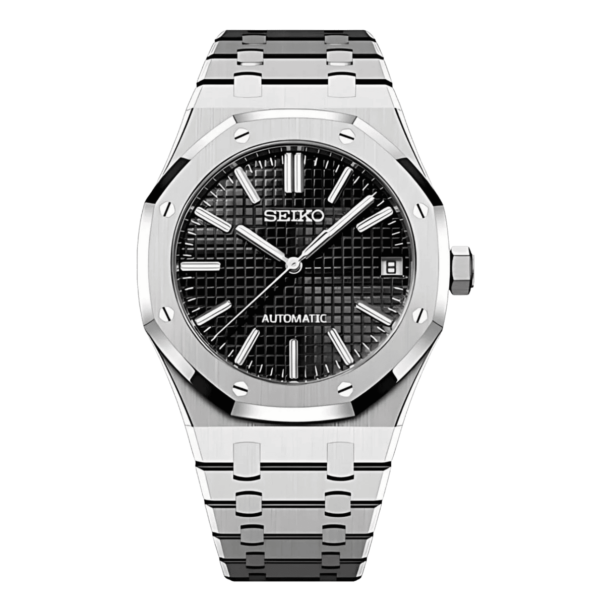 Sevato Seiko Royal мод, часовник с черен циферблат, сребрсита каса и сребърна метална каишка