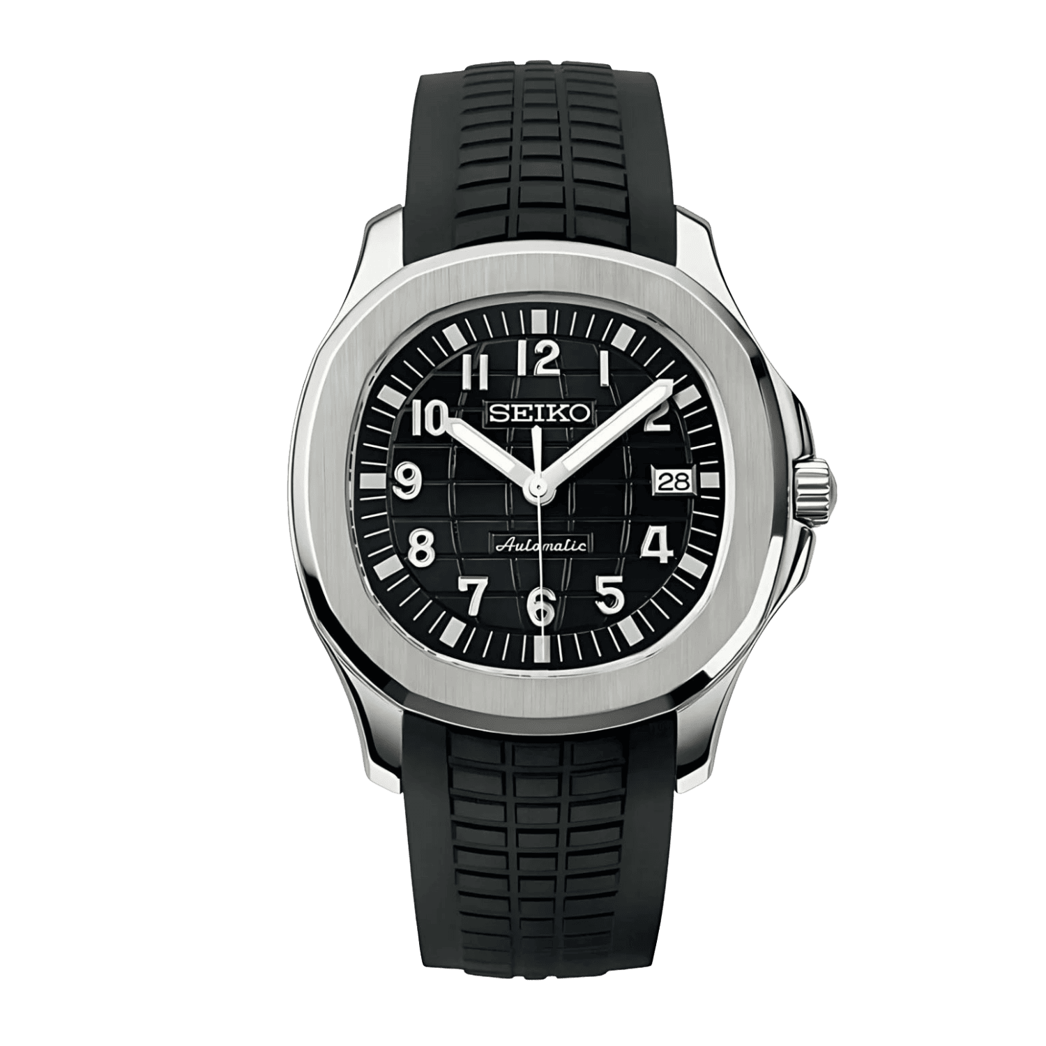  Sevato Seiko Nautilus мод часовник с черен циферблат,сребриста каса и гумена черна каишка